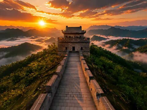 OuroWorld — Public Code That Makes a Frozen Gaussian Splat World Move in a Seamless, Endless Loop A Great Wall watchtower at sunset above a sea of clouds, a static 3D scene from the Marble gallery used on the OuroWorld project page